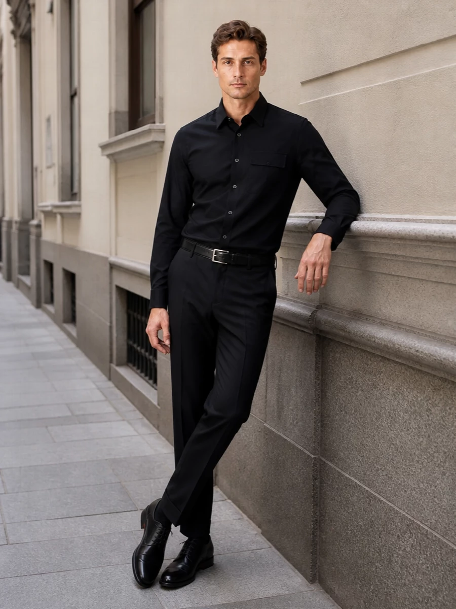 Kiton black shirt tailored trousers santoni shoes