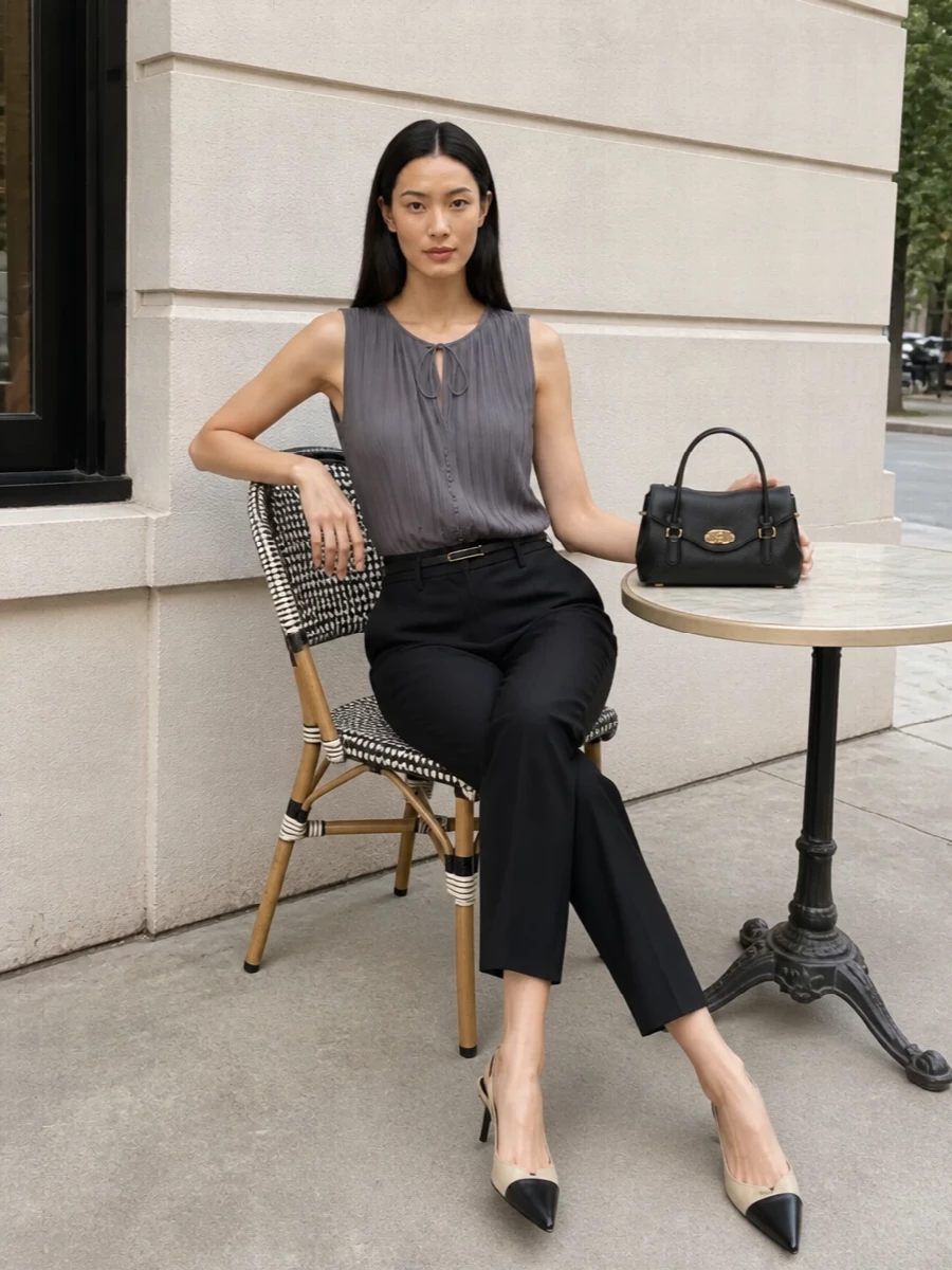 A high-rise black tailored trouser meets a slate-grey pleated shell for a controlled, monochrome palette that feels poised rather than severe. A two-tone pointed slingback and a structured mini top-handle in black with subtle gold accents sharpen the mood, while a slim black belt quietly defines the waist. The result is a precise desk-to-dinner ensemble that reads modern, minimal and assured from every angle.