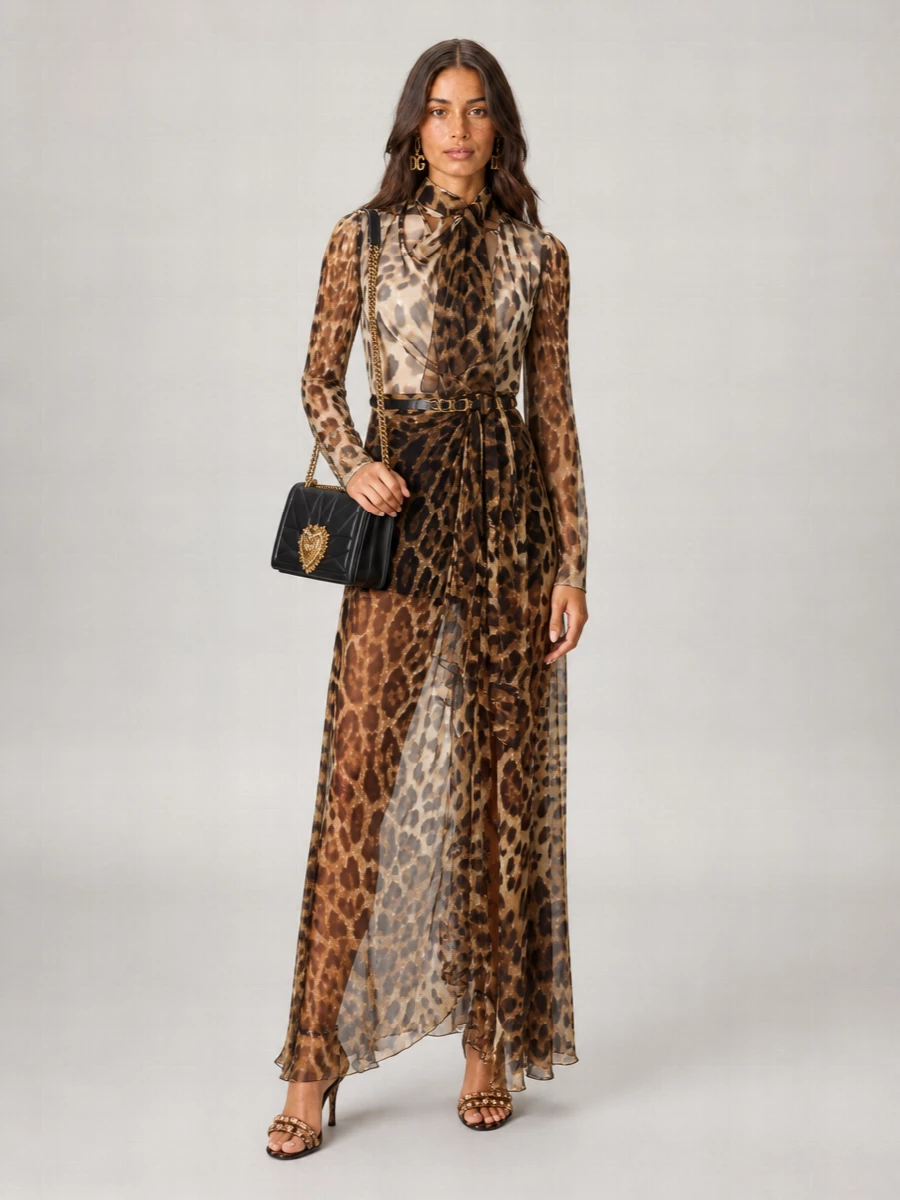 Dolce&Gabbana Silk Leopard-Print Pussybow Maxi Dress