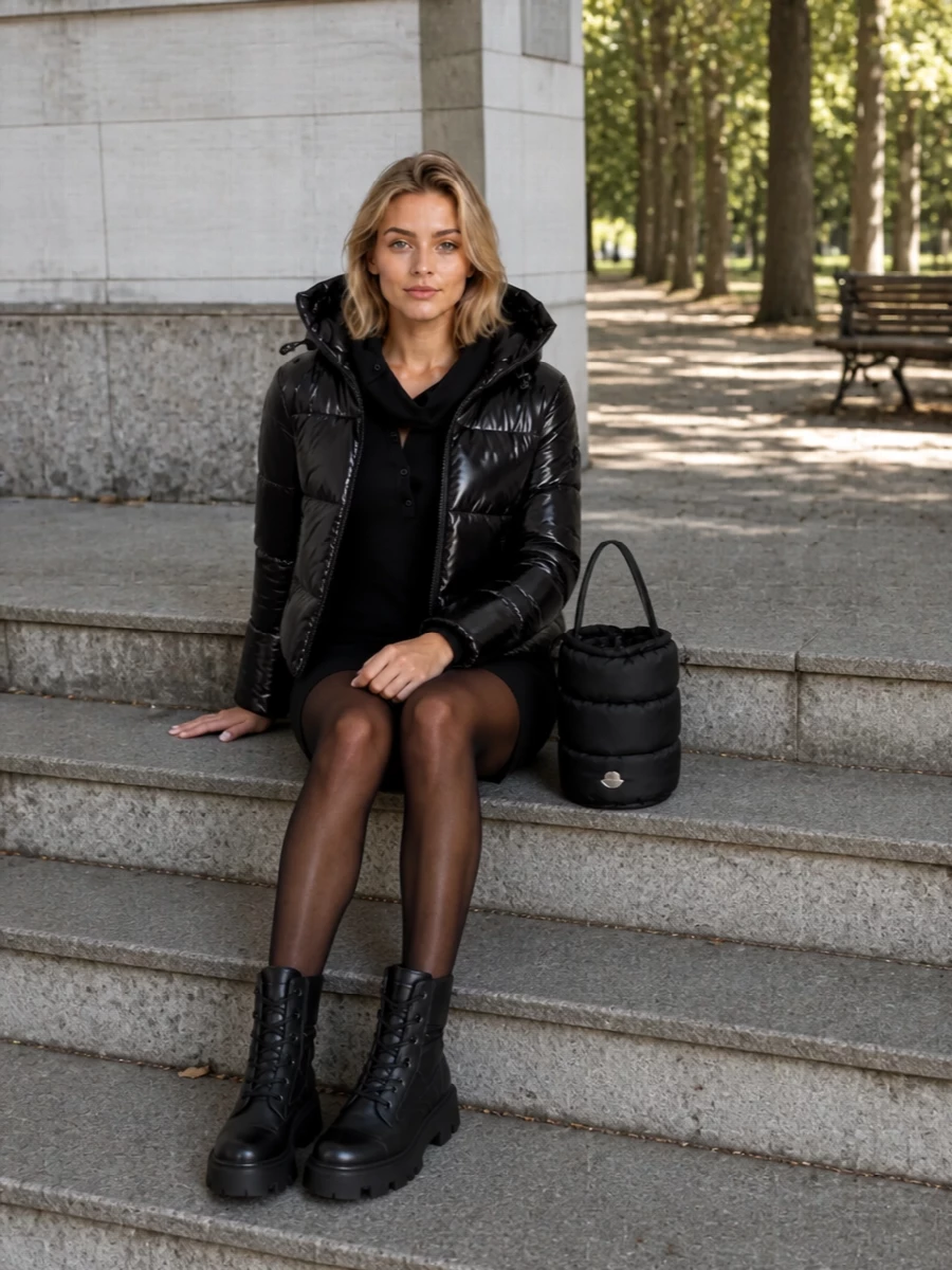 I’m building this around the cropped gloss-black puffer and leaning fully into a tight, urban monochrome story, so the knit mini dress route feels sharper and more coherent than separates. The hooded Attico mini, quilted Moncler ankle boots and padded bucket bag create a single graphic column of black with mixed technical and knit textures that read city-ready and winter-functional. Sheer black tights and a charcoal beanie would finish it with just enough contrast without diluting the sleek, sport-street energy.