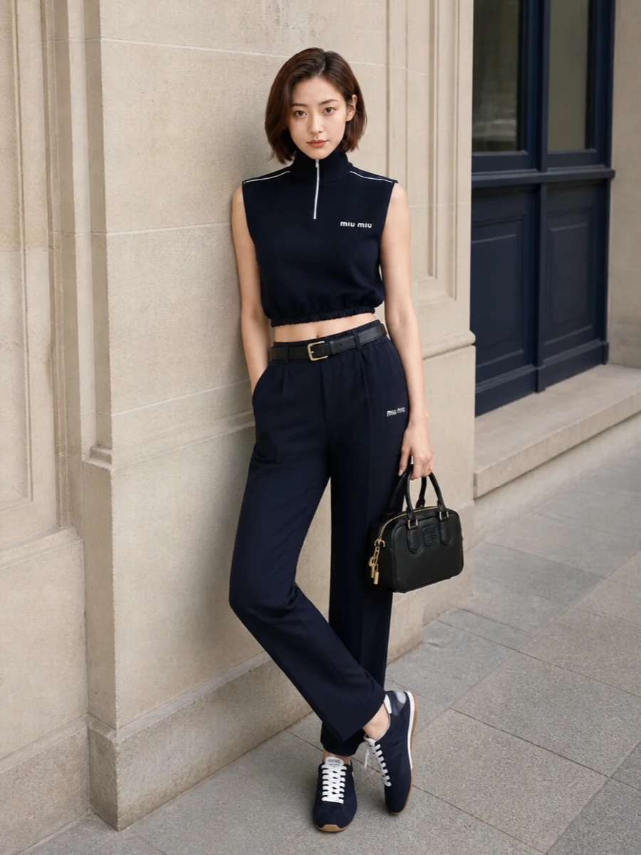 This look leans into a refined track-set narrative: the cropped navy funnel-neck vest paired with matching ink-navy straight-leg track pants creates a sleek, elongated athleisure silhouette. Navy retro runners echo the sportif codes, while the structured black mini bowler and slim belt add just enough city polish so it feels modern, intentional, and ready for all-day wear. The result is minimalist Miu Miu sportswear with a quiet luxury finish rather than a literal gym outfit.