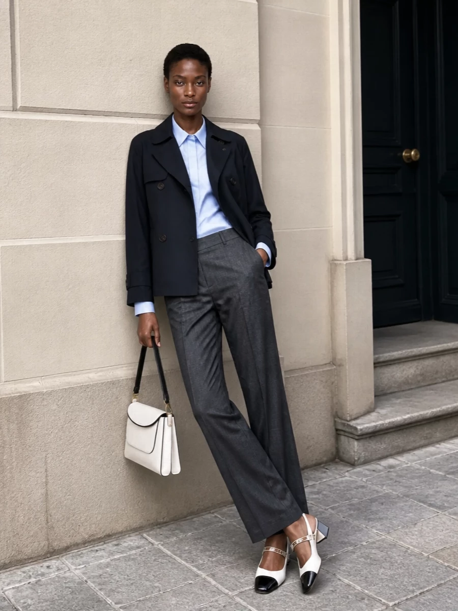 This look builds a modern city-uniform around the cropped navy Max Mara peacoat, pairing it with a pale blue architectural Sportmax shirt and sharp charcoal Max Mara trousers for a quiet-luxury, office-ready silhouette. Cap-toe Miu Miu slingbacks and a structured Wandler ivory-and-black shoulder bag refine the palette and add just enough detail, keeping the overall effect crisp, elongated and effortlessly polished for SS. I opted for the top-and-trouser route over a dress to respect the coat’s tailored, commuter-friendly character and create a coherent, almost suiting-like ensemble.