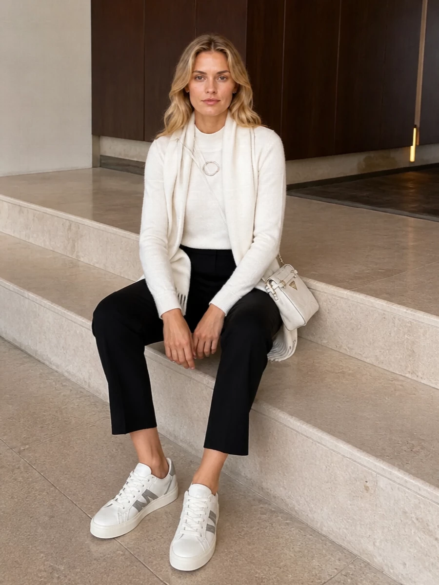 Moncler genius ivory sweater black trousers