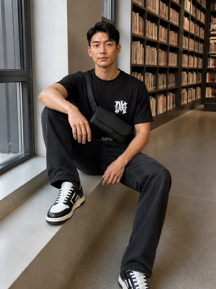 A black gothic-logo tee sits on clean washed-black straight denim, keeping the whole story sharp and low-key. Monochrome court sneakers and a discreet belt ground the line, while a close-fitting belt bag handles function without breaking the silhouette. It is a tight, modern street uniform that feels considered but still easy to wear all day.