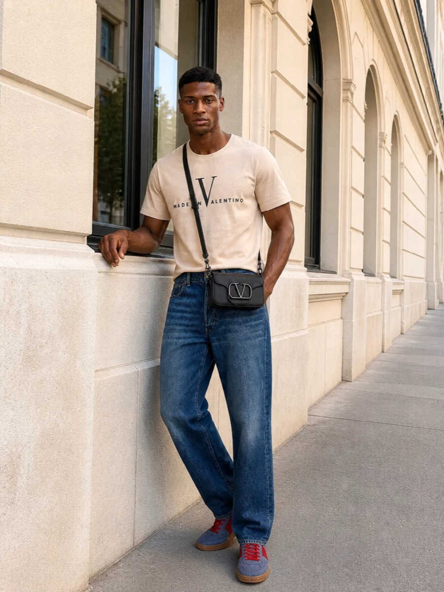 Valentino sneakers straight leg jeans logo tee