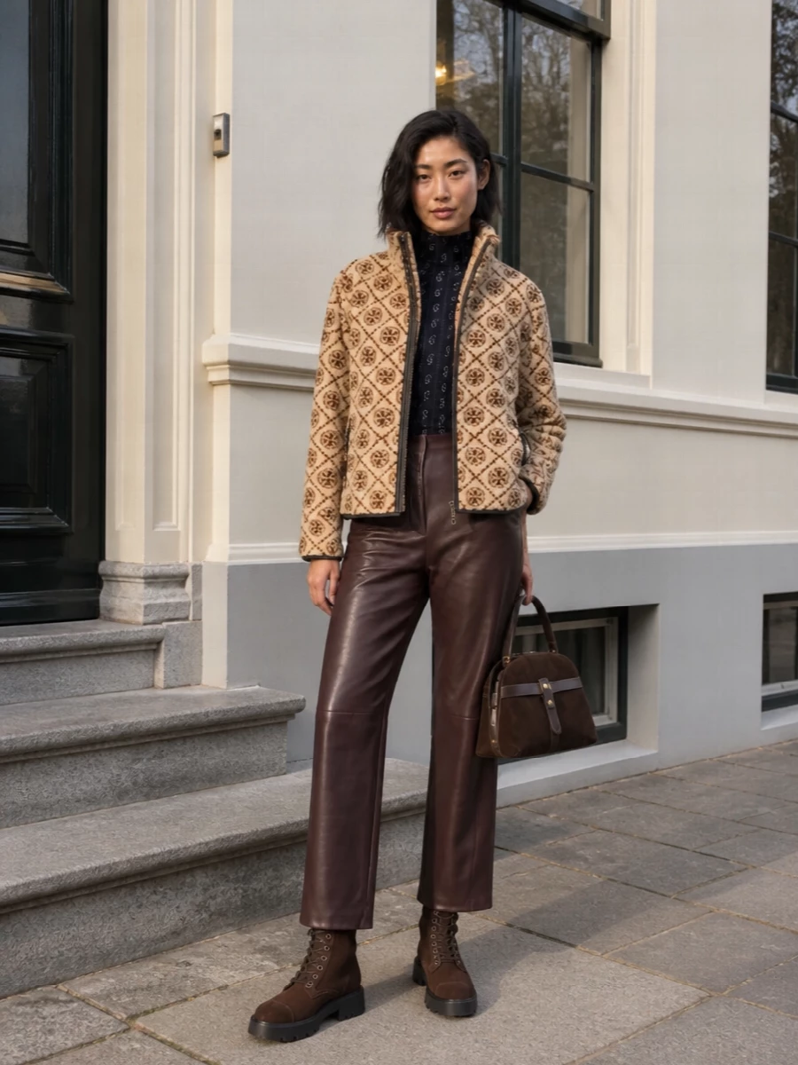 Tory burch faux fur jacket brown leather trousers