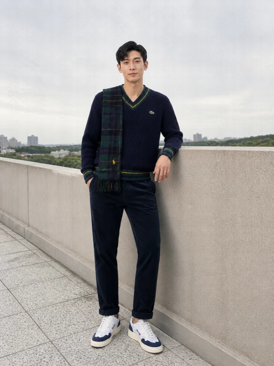Lacoste sweater navy corduroy chinos outfit