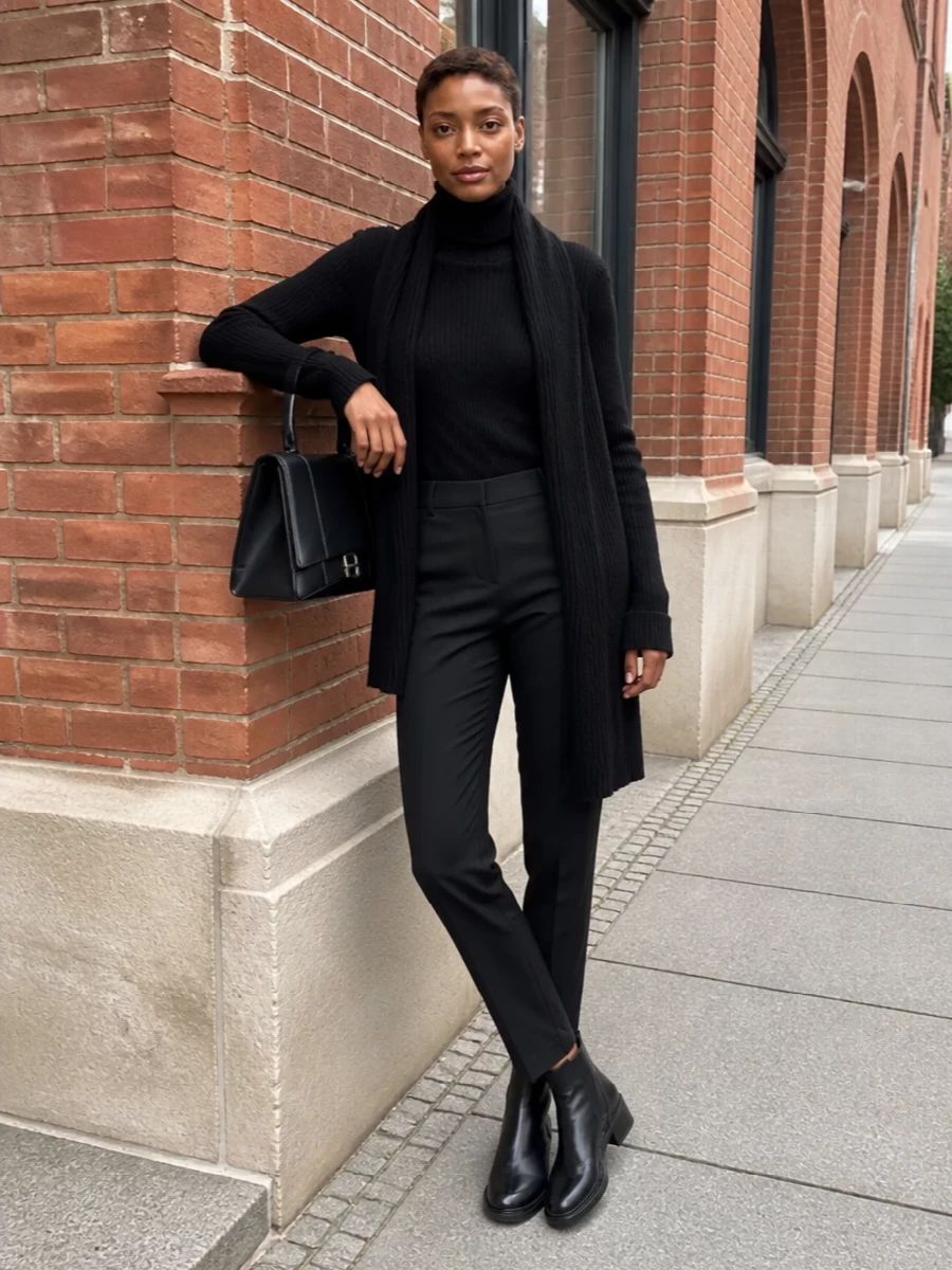 An all-black, quietly structured ensemble that leans into long, clean lines: ribbed turtleneck, sharp high-waisted tapered trouser, and smooth leather ankle boots. The sculptural top-handle bag and soft ribbed scarf introduce just enough texture and hardware to keep the silhouette calm but intentional, ideal for days that move fluidly from desk to late dinner. It is modern, minimal and impeccably put-together without ever feeling severe.