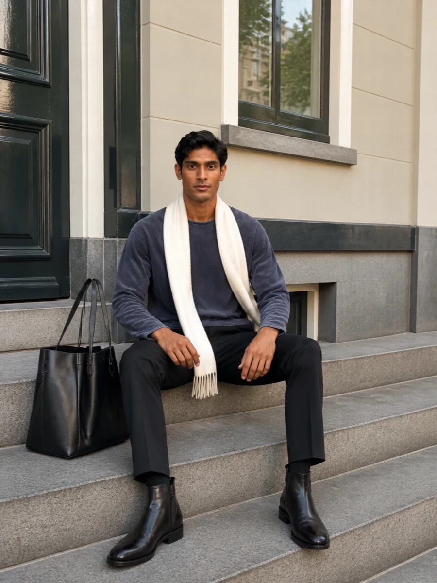 Our legacy navy knit charcoal trouser black boots