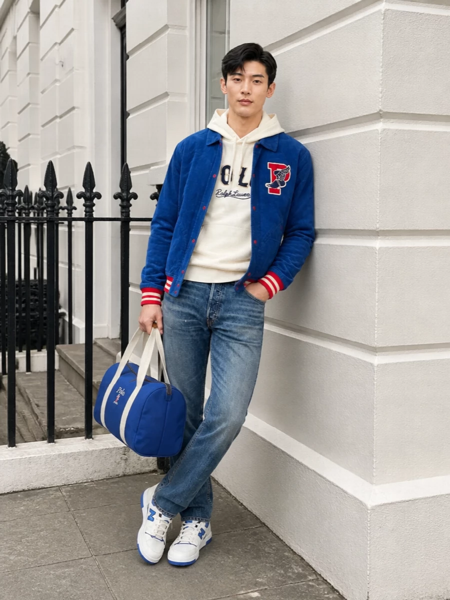 Polo ralph lauren varsity bomber jeans outfit