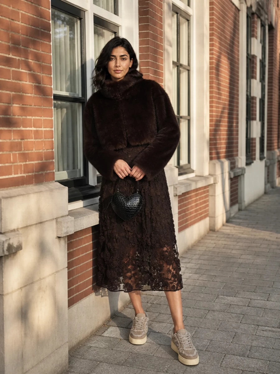 Rotate faux fur coat chocolate floral midi dress