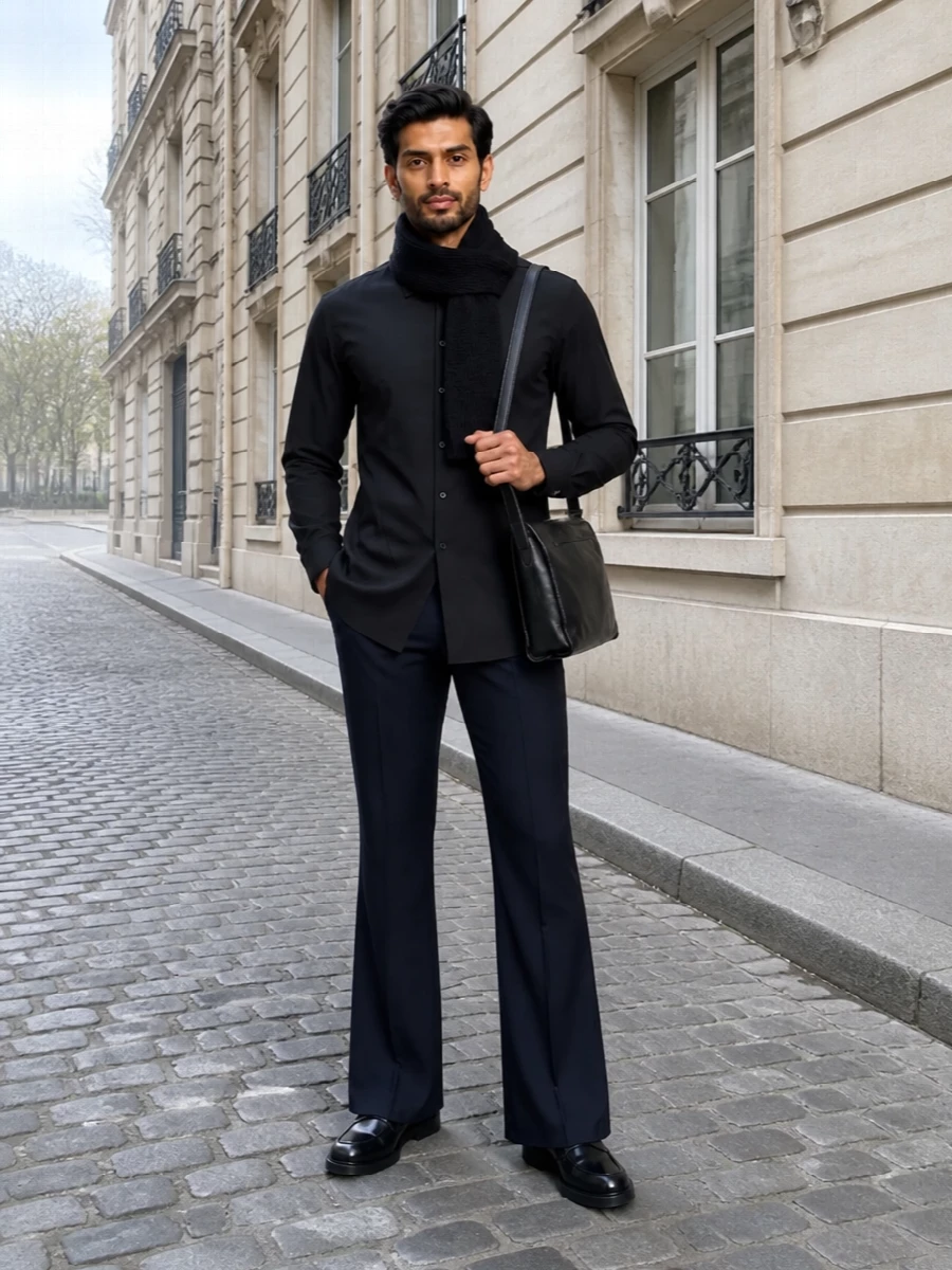 Jil sander navy trousers black shirt loafers