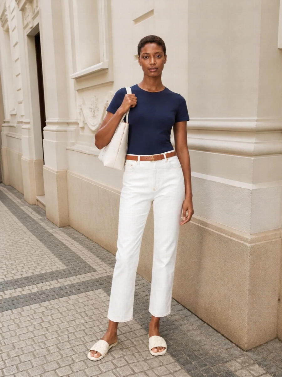Fabiana filippi navy tee ivory jeans outfit