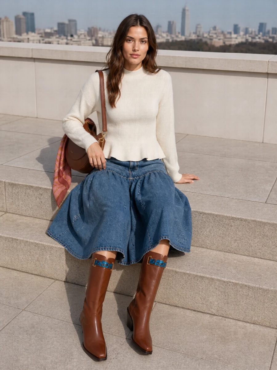 Chloe denim midi skirt ivory knit boots outfit