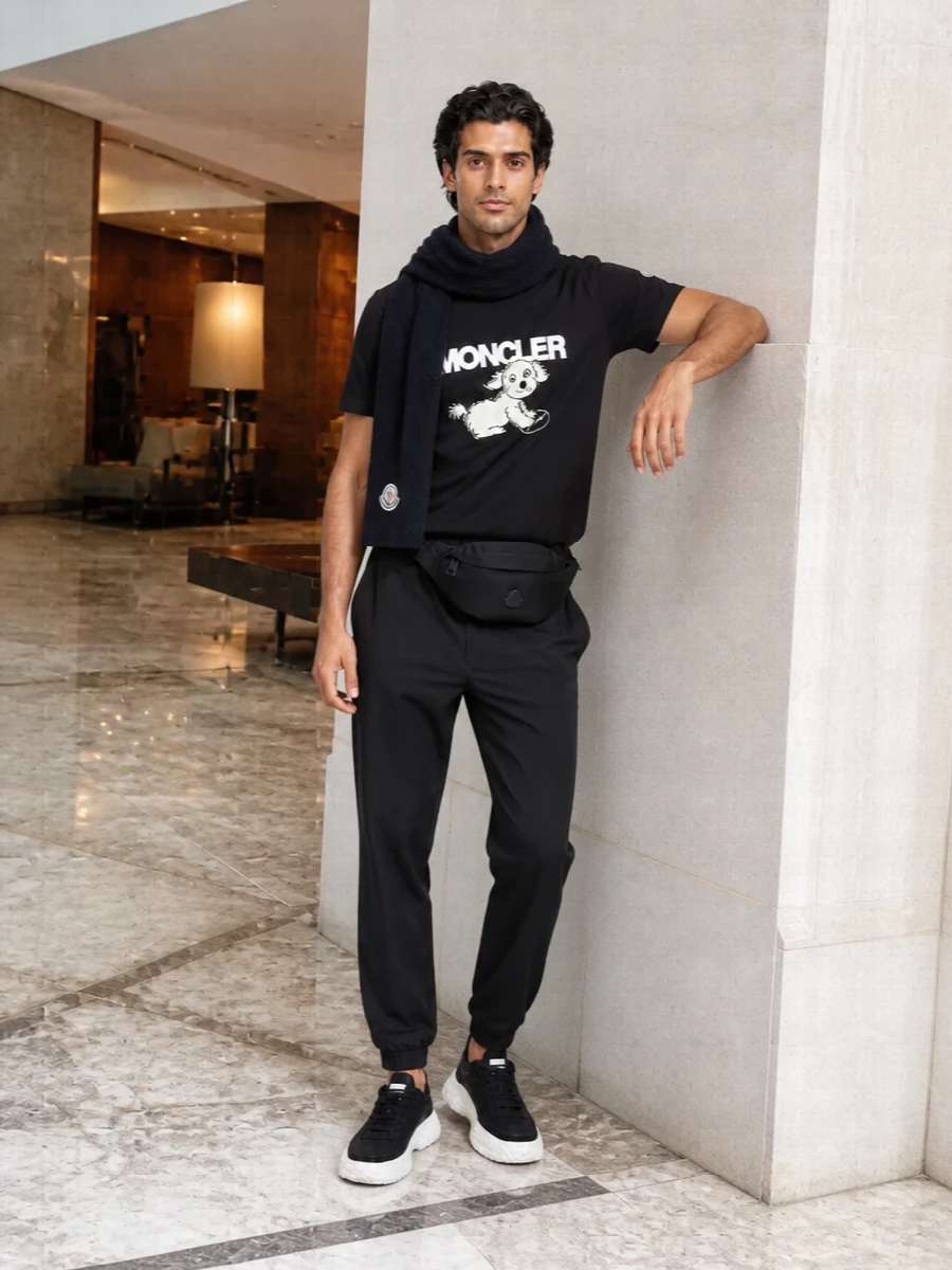 Moncler black graphic tee joggers sneakers