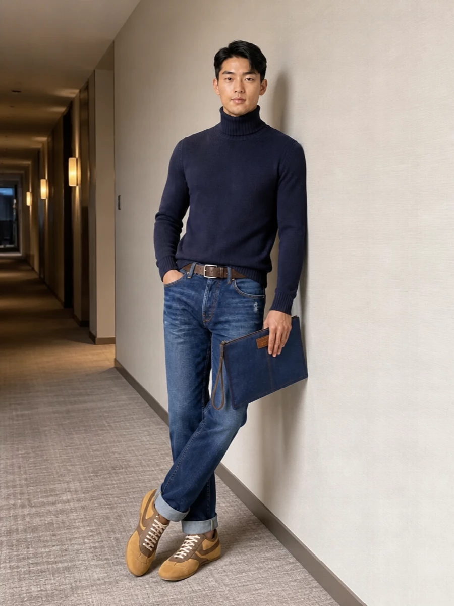 Dondup jeans navy turtleneck dries van noten sneakers