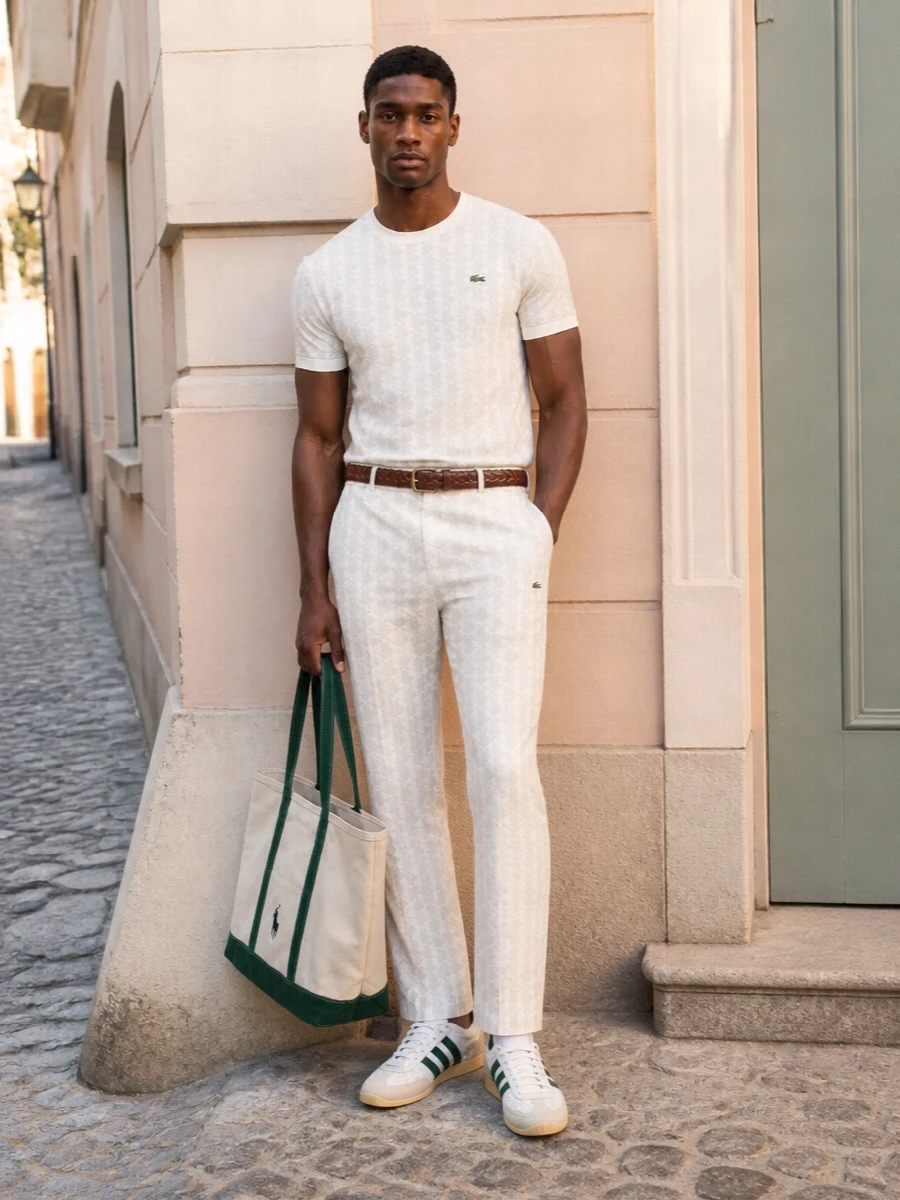 A tonal Lacoste set in soft off-white and subtle texture keeps the mood clean, sporty and quietly preppy. Off-white and green-accented terrace sneakers tie into the crocodile logos while adding a nostalgic court twist. A beige and green canvas tote and dark woven belt bring just enough structure to move this from sofa to city without losing its relaxed ease.