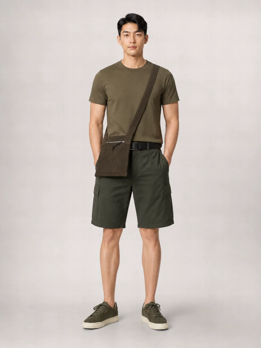 Olive tones run through the outfit, from tee to cargos to sneakers, for a tight, utilitarian palette that still feels relaxed for warm days. The regular cuts keep everything easy and wearable, while the cream sole and dark accessories bring just enough contrast to stop the greens from feeling flat. It is a clean, city-ready take on streetwear that can move from daytime errands to low-key evenings without a change.