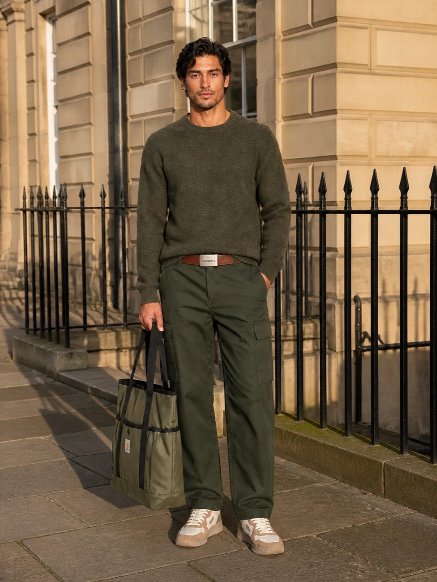 Carhartt olive cargo autry sneakers outfit