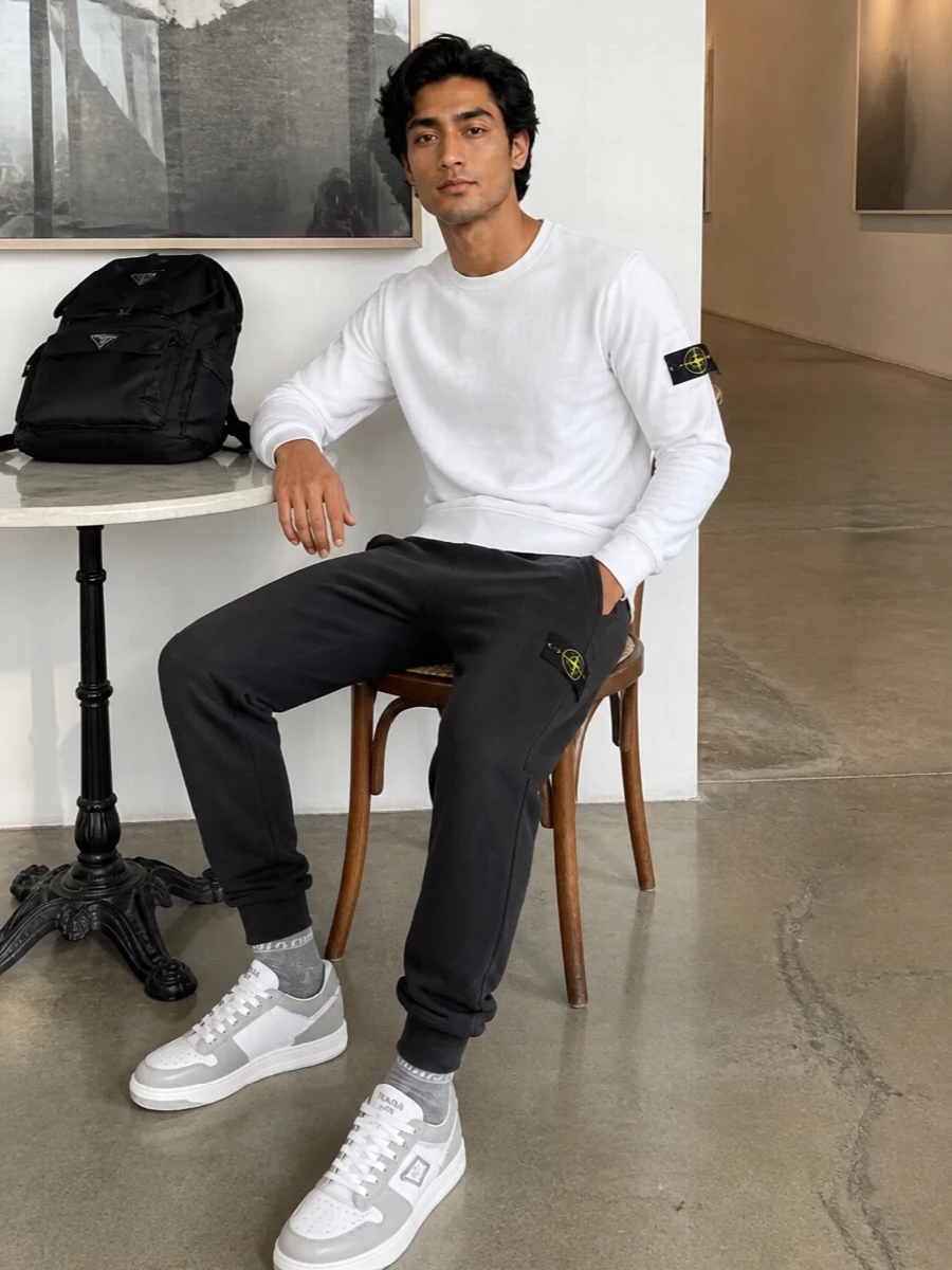 Stone island sweatshirt prada sneakers outfit