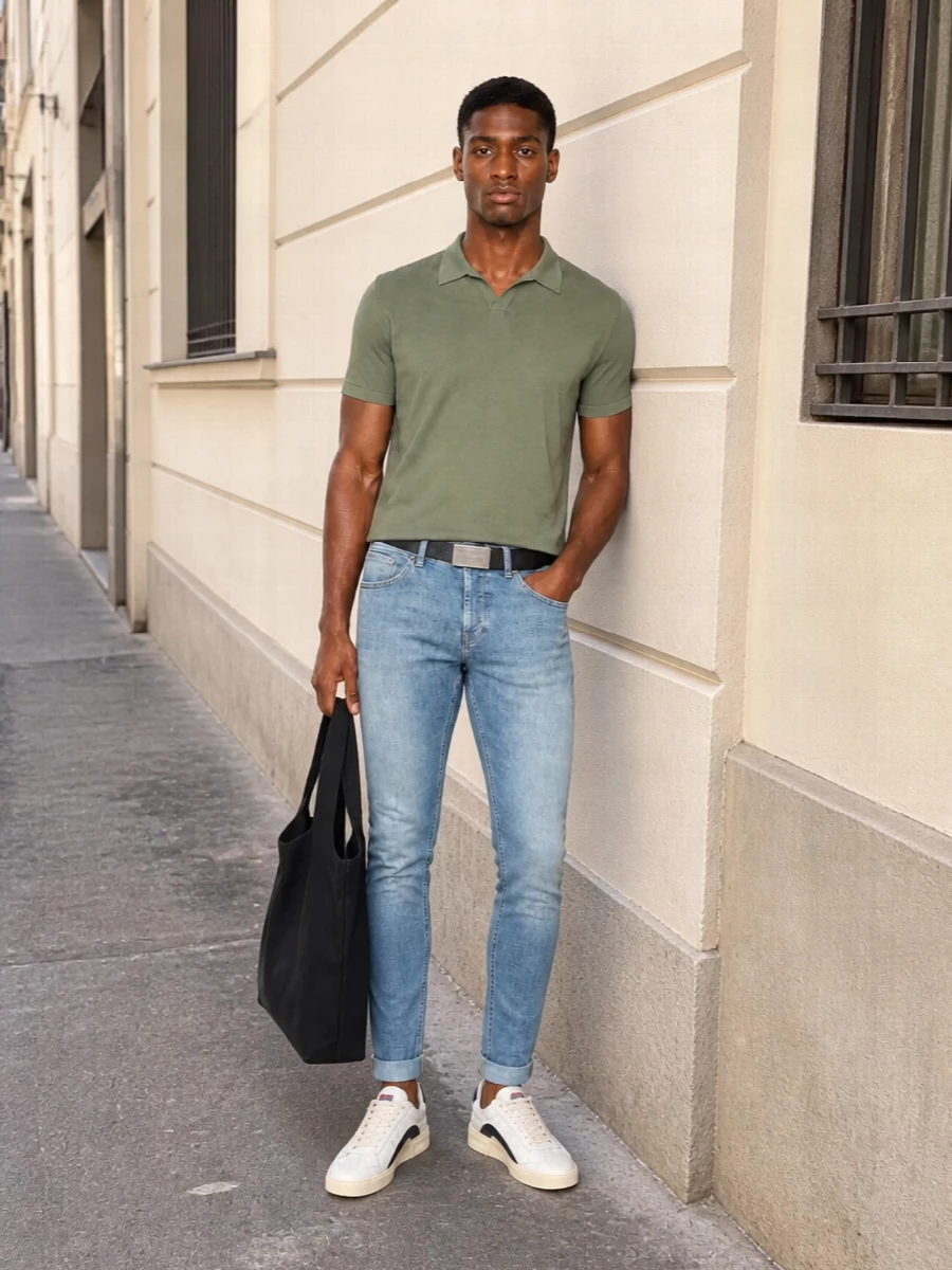 Dondup jeans sage polo cream sneakers outfit