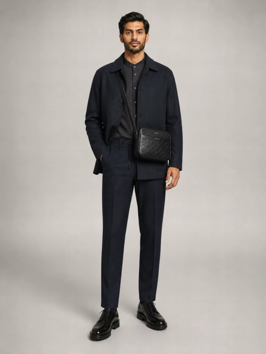 A charcoal-navy Zegna chore coat anchors a quiet, city-ready uniform, layered over a charcoal stand-collar jersey shirt for softness without losing structure. Ink-navy drawstring trousers keep the line tailored yet at ease, while glossy black derbies and a compact Celine crossbody sharpen the monochrome palette. The result is modern office polish that slips easily into dinner without changing a piece.