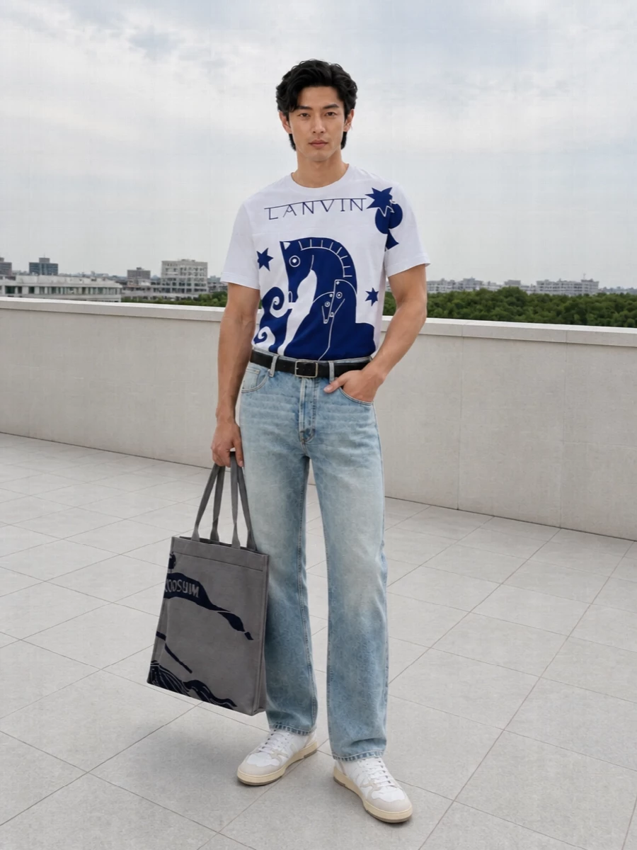 Lanvin graphic tshirt light wash jeans outfit
