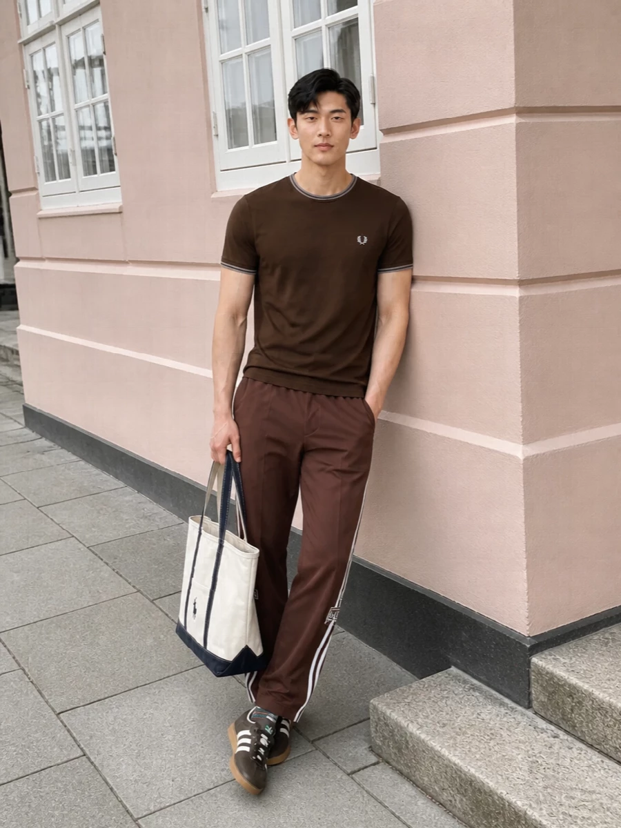 Fred perry brown tee adidas trainers outfit