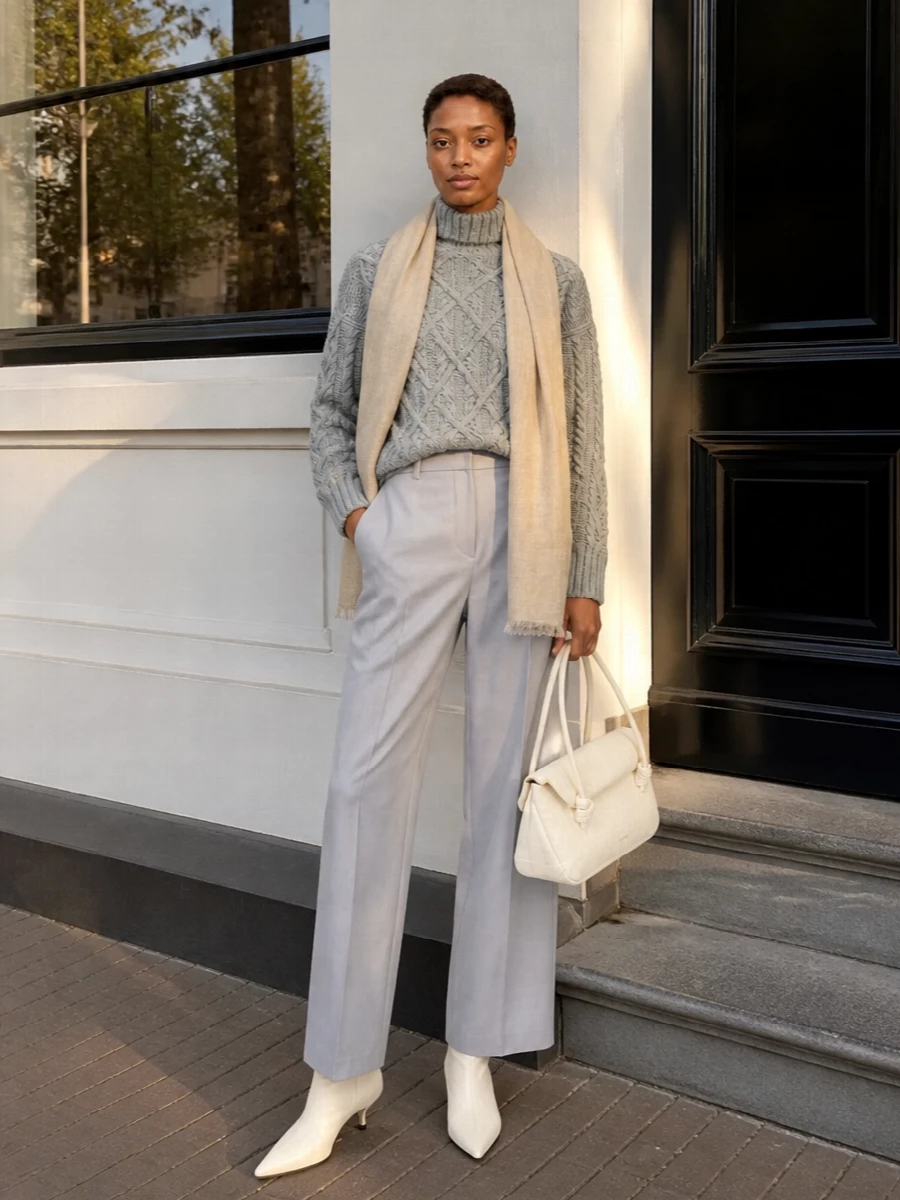 A heathered grey cable mock-neck meets fluid light-grey tailoring for a silhouette that feels cocooning yet precise. Buttercream boots and an ivory top-handle bag continue the pale neutral story, keeping the palette soft while the proportions stay long and clean. A whisper-light sand scarf adds just enough softness to tie the textures together without disturbing the minimalist clarity.