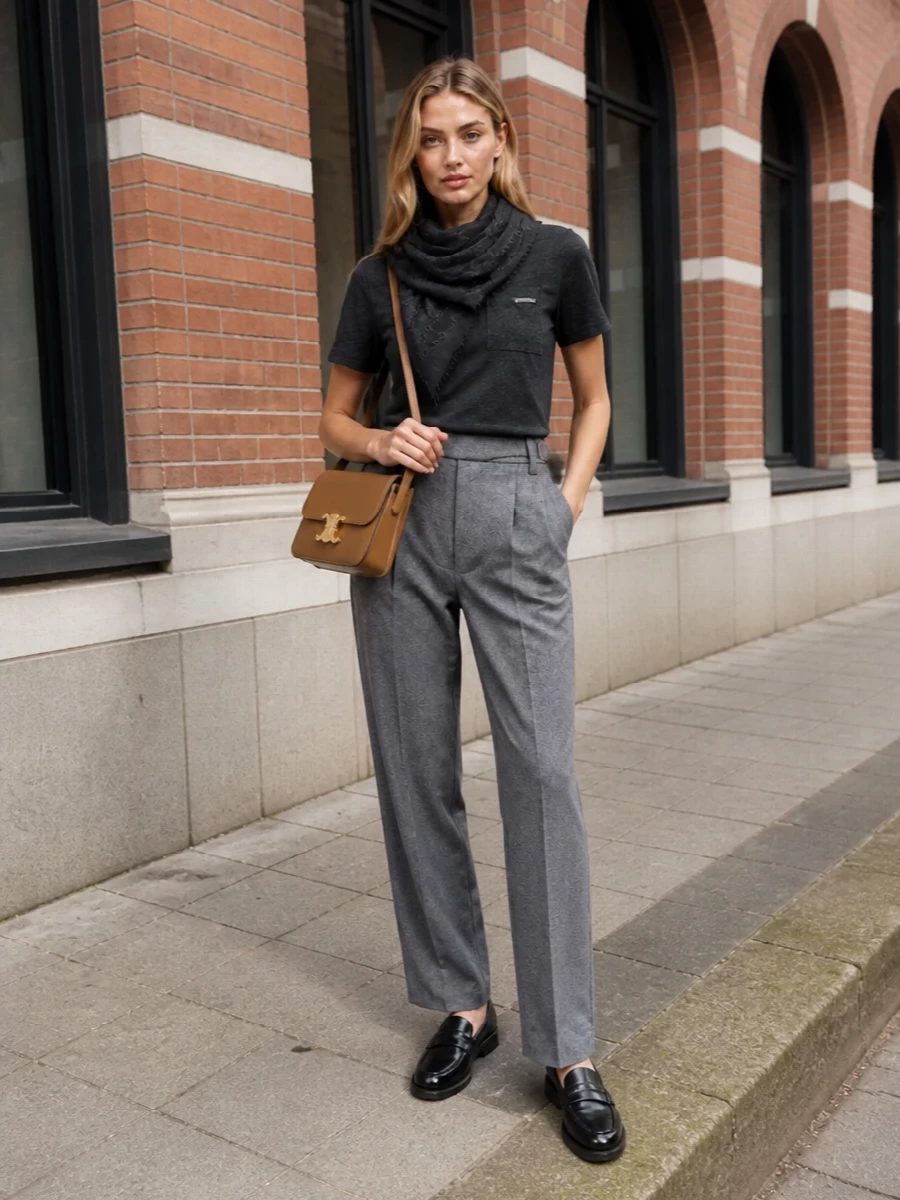 This look pairs the charcoal Brunello tee with high-rise mid-grey tailored trousers for a streamlined, minimalist column of quiet luxury. Black leather loafers keep the mood polished but unfussy, while the camel Celine flap bag and charcoal scarf add subtle warmth and texture without breaking the understated, tonal sophistication.