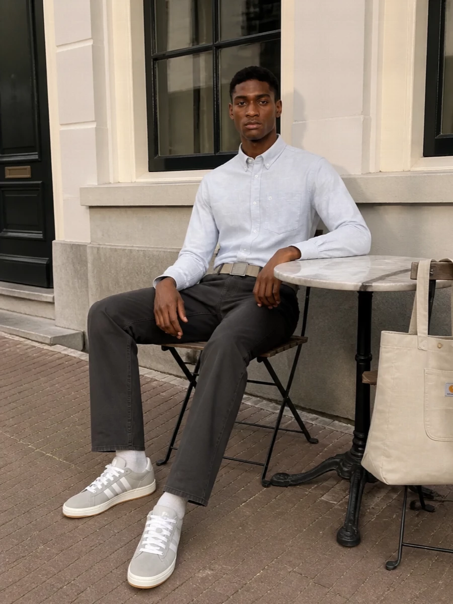 Carhartt shirt charcoal pants adidas sneakers