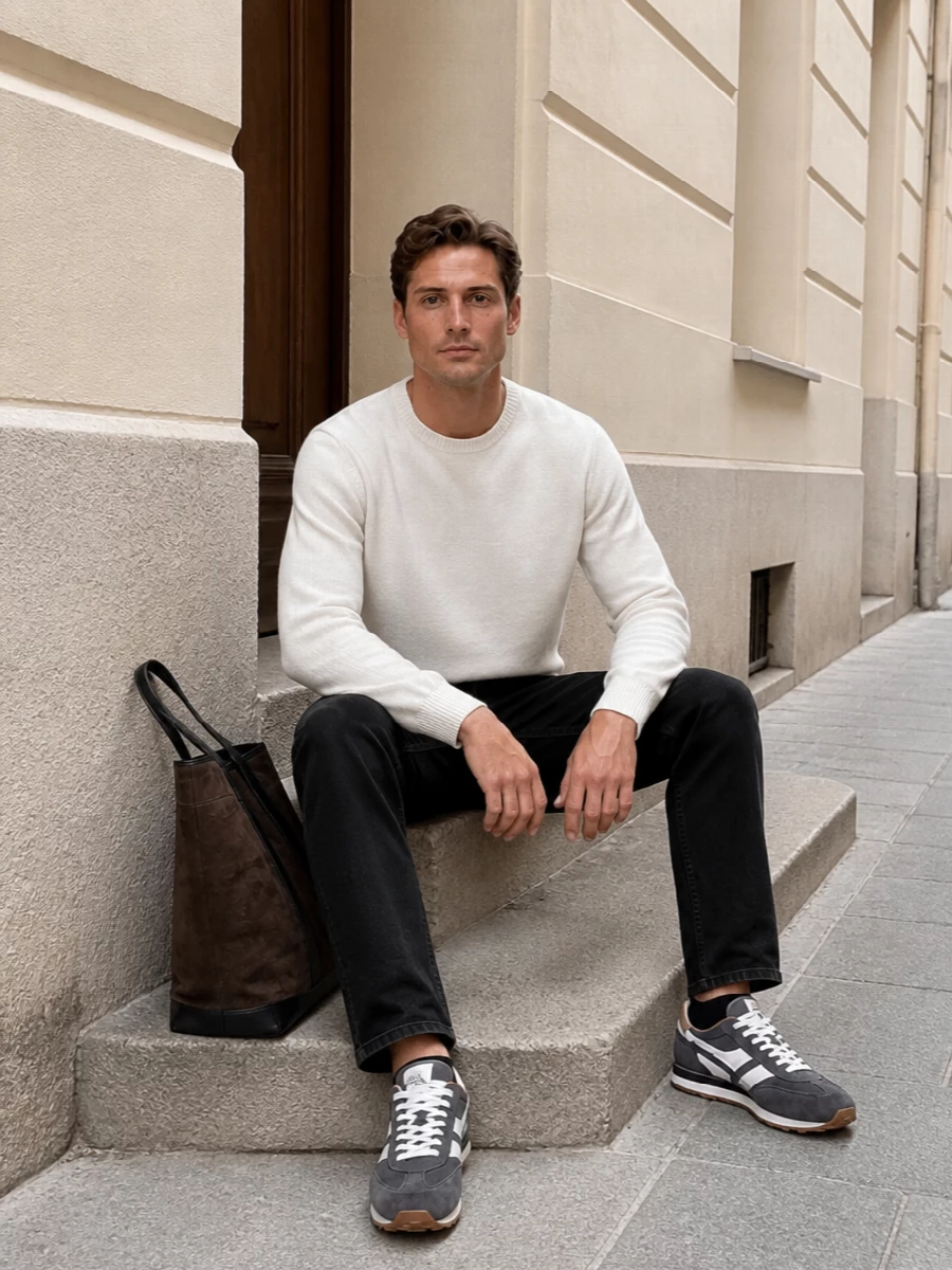 Tom ford grey sneakers black jeans cream knit