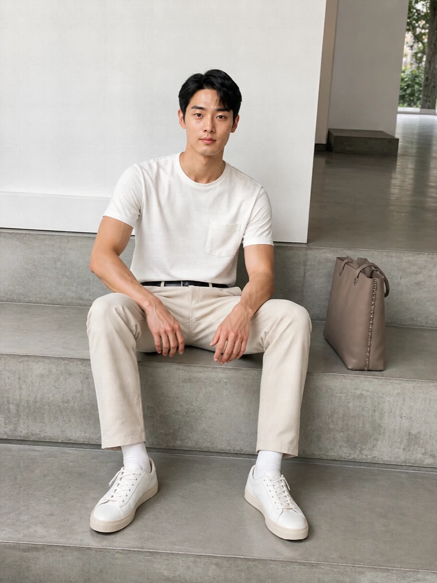 Valentino white tee beige trousers outfit