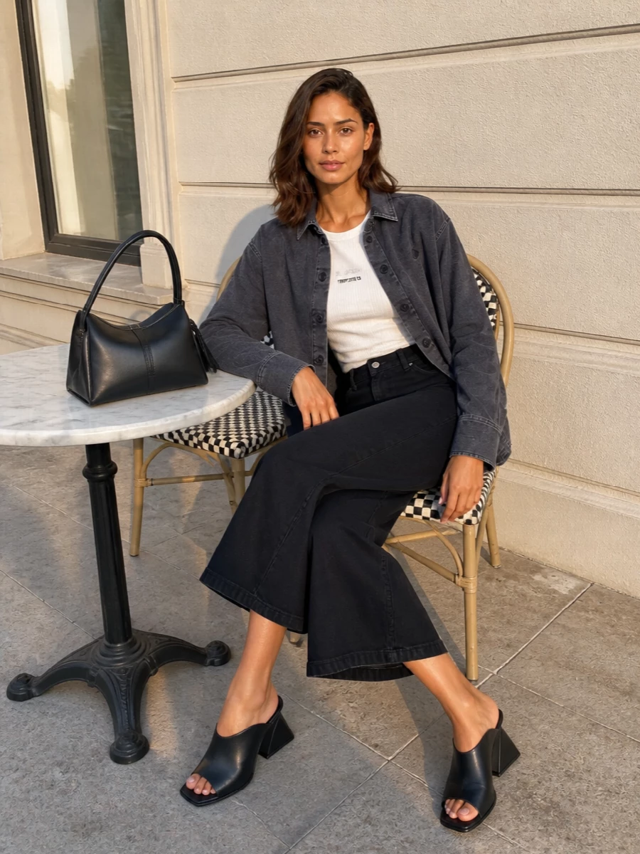 The attico denim jacket wide leg cropped jeans outfit