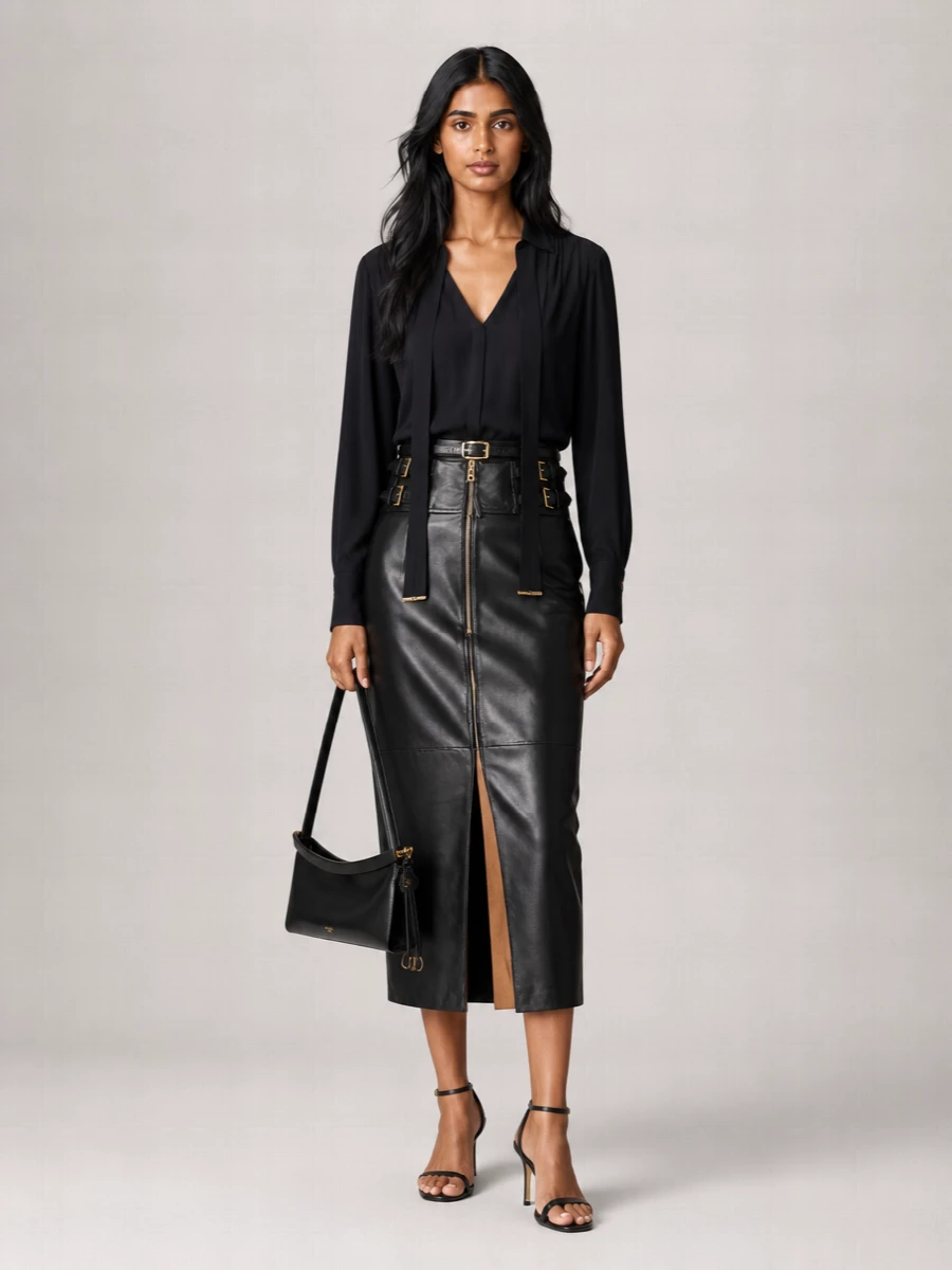 Elisabetta Franchi Leather High-Rise Midi Skirt