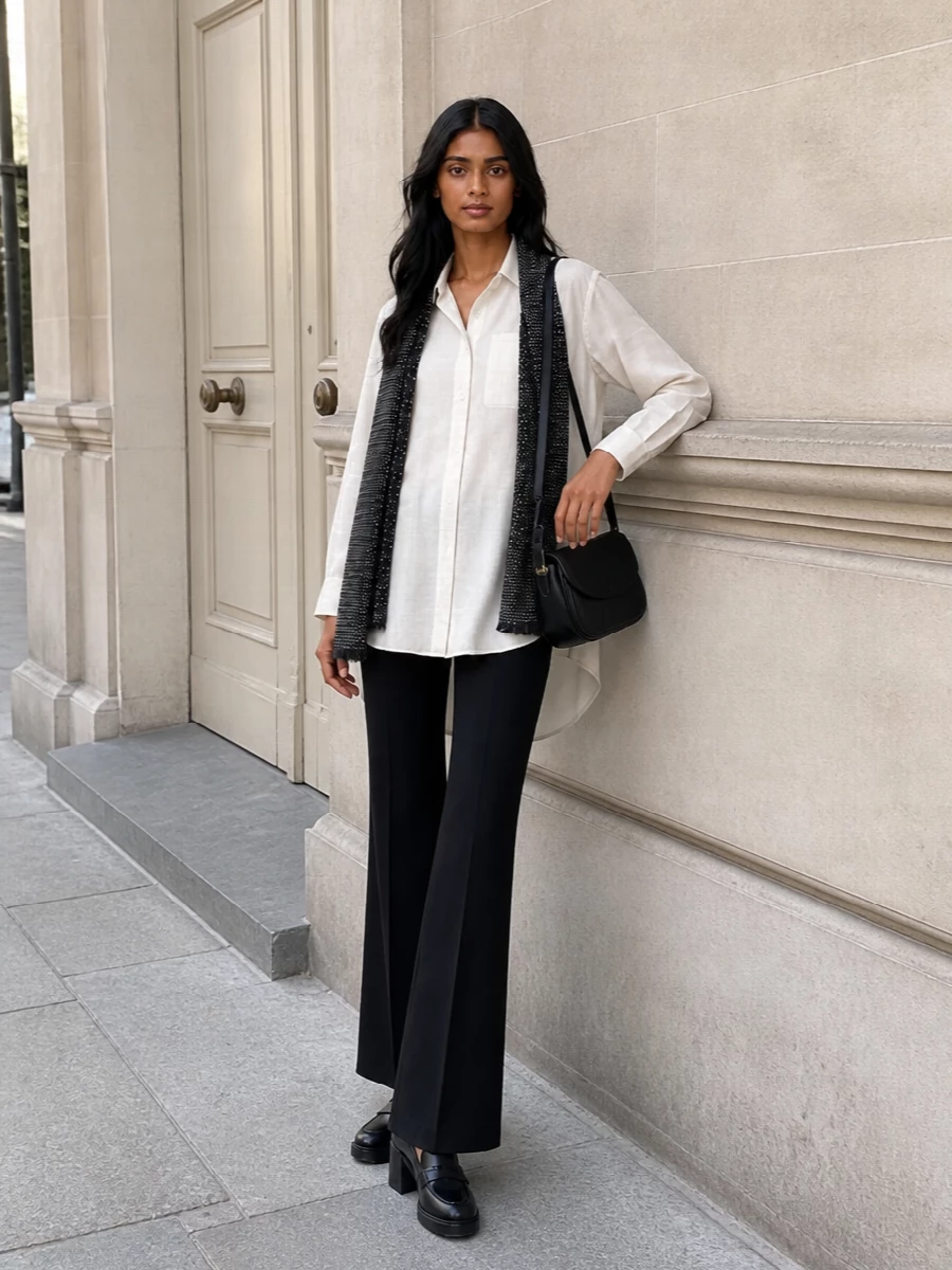 Moschino ivory shirt black flared trousers outfit