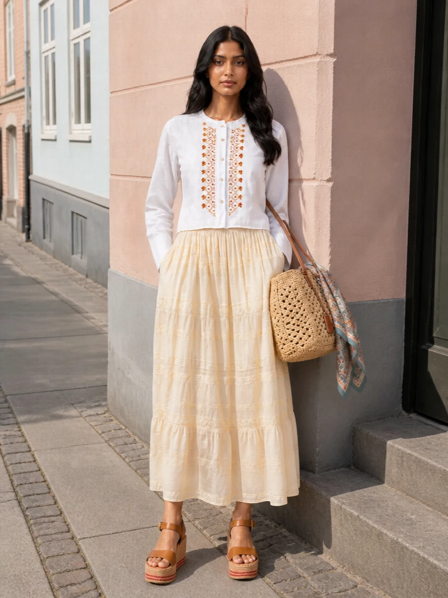 Ermanno scervino embroidered shirt tiered maxi skirt