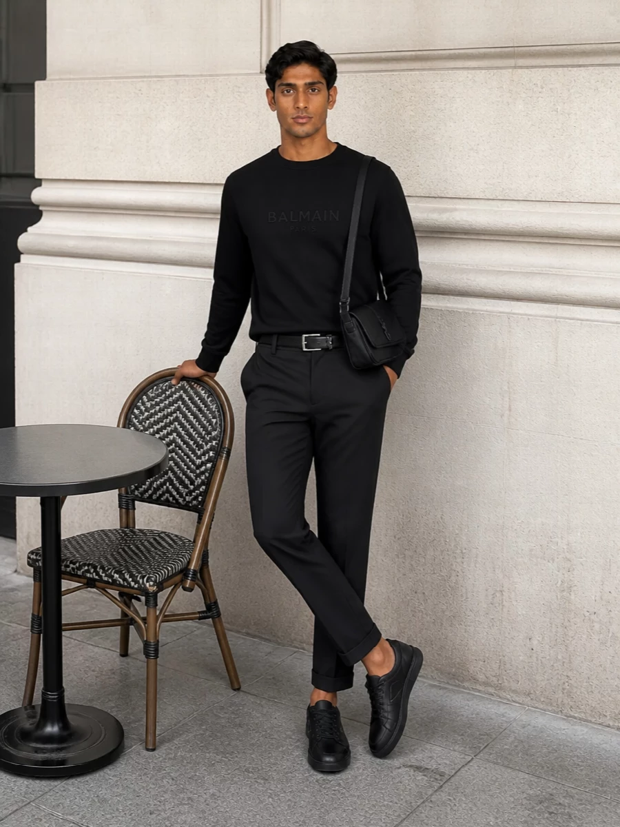Balmain black sweatshirt tailored trousers outfit
