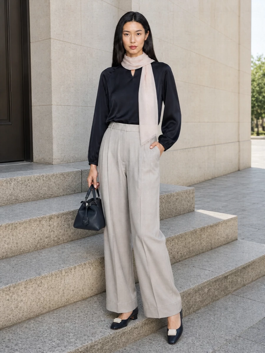Deep navy silk meets light stone tailoring for a quiet, modern take on formal dressing. The high waist and wide leg refine the proportions, while navy accessories keep the palette composed and intentional. A whisper of blush at the neck softens the structure without diluting its clean, assured mood.
