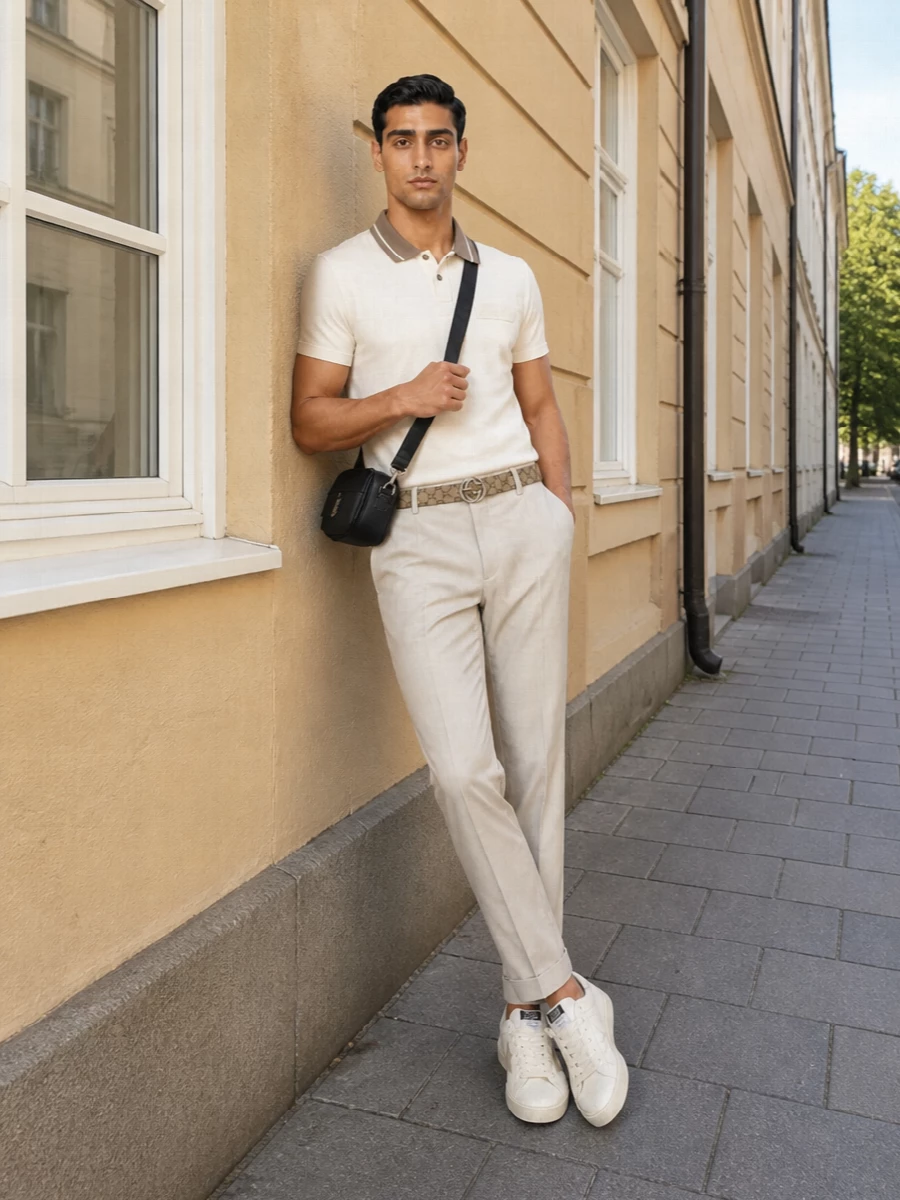 A warm, stone-to-ivory story lets the Gucci belt take a confident but controlled role, framed by a cream polo and clean tailored trouser. Off-white sneakers and a compact black crossbody keep everything in an understated luxury register that works from daytime city strolls to relaxed dinner terraces. The mix of Italian tailoring and soft sportswear details gives ease without ever tipping into street branding overload.