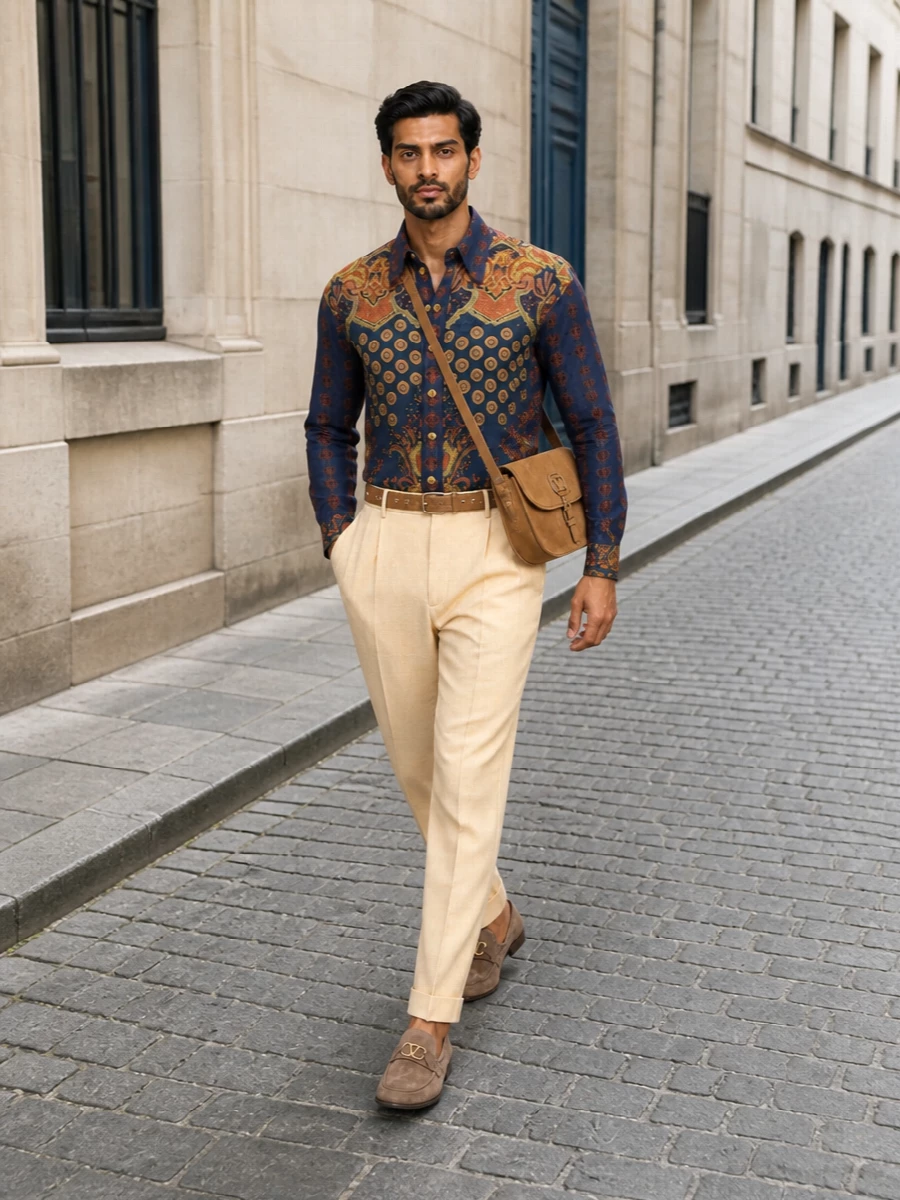 Valentino paisley shirt pleated trousers outfit