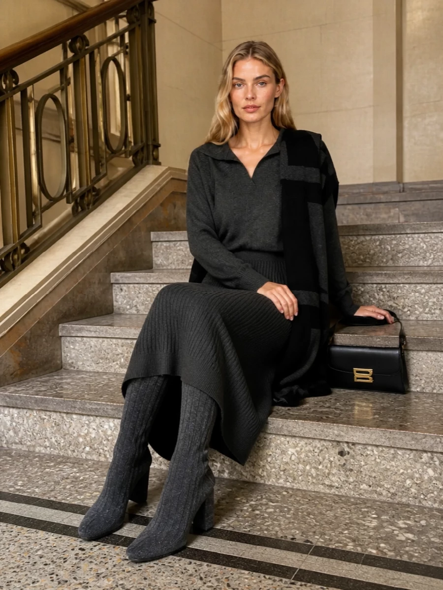Victoria beckham charcoal sweater knit midi outfit
