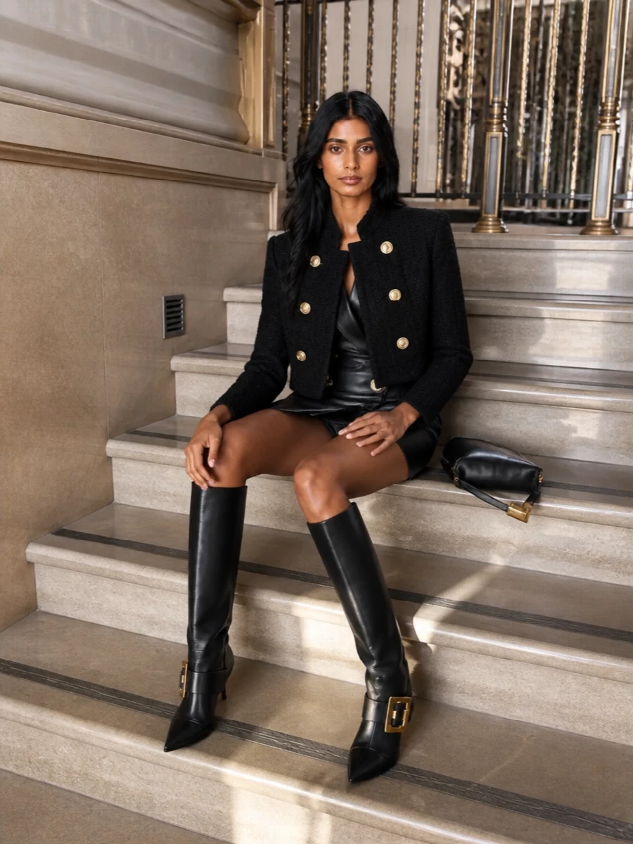 Balmain black blazer dress with knee boots