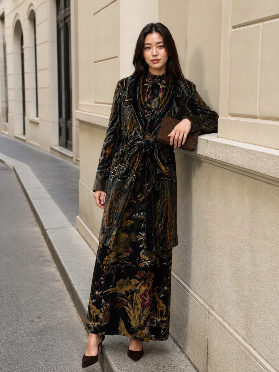 Etro velvet coat printed maxi dress outfit
