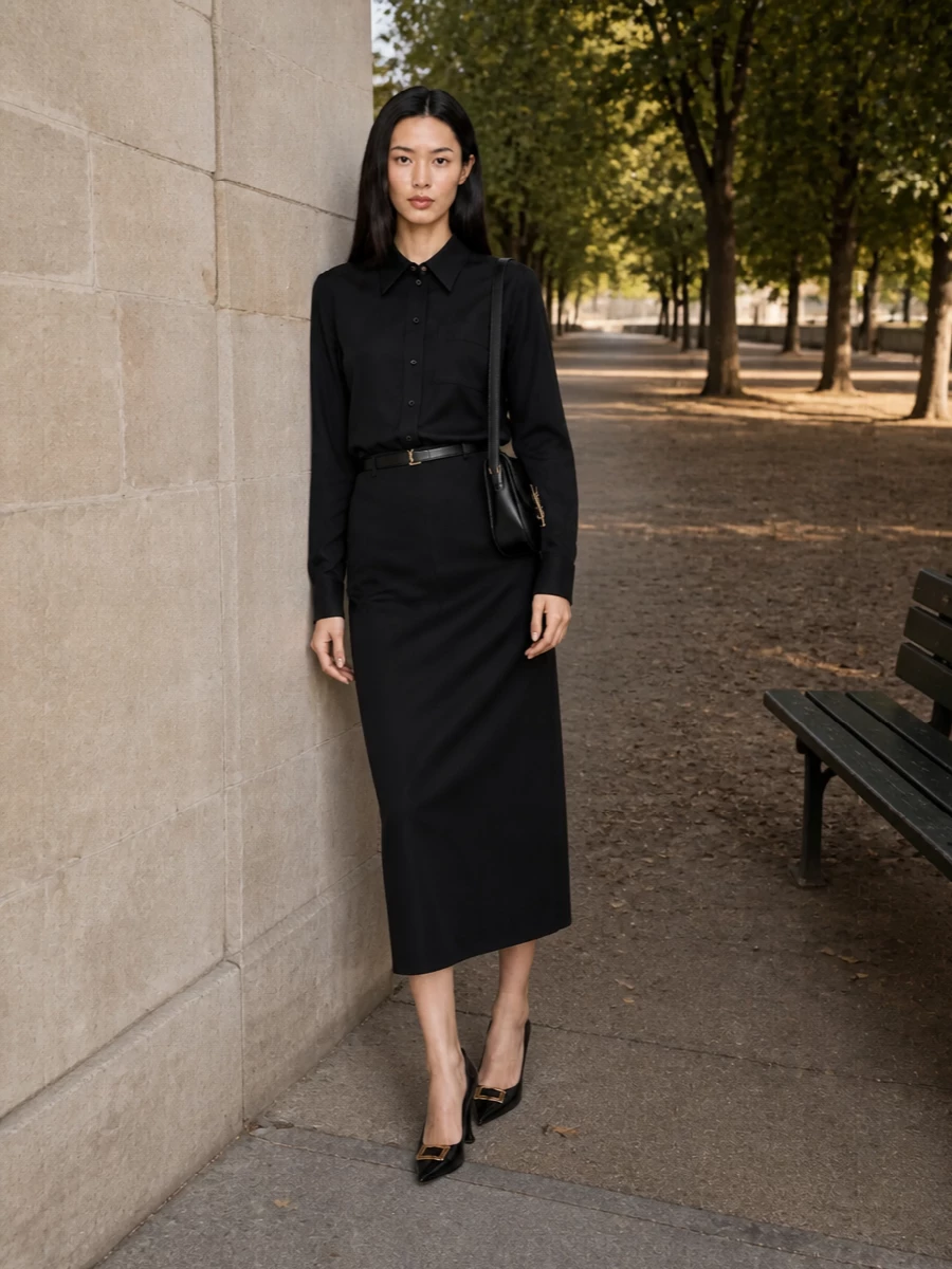 Lanvin black shirt midi skirt saint laurent bag