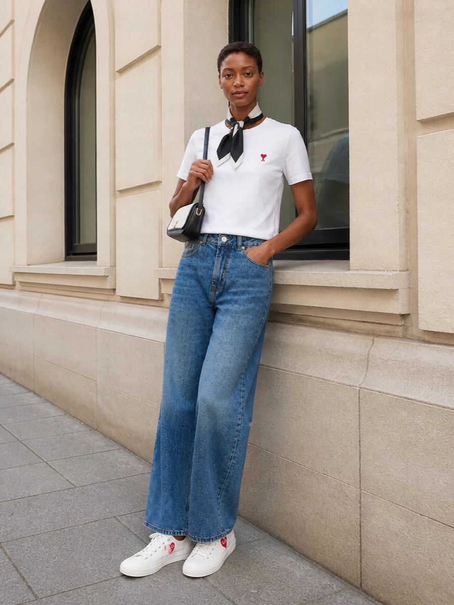 Ami tee wide leg jeans cdg sneakers