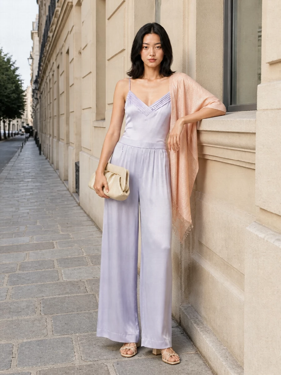 A lilac-on-lilac Forte Forte pairing creates a luminous, elongated column that feels soft yet assured. Champagne metallic accents and a buttercream clutch keep the palette hushed and romantic rather than overly sweet. It is an easy evening proposition for terraces, gallery dates or intimate dinners when you want polish with real ease.