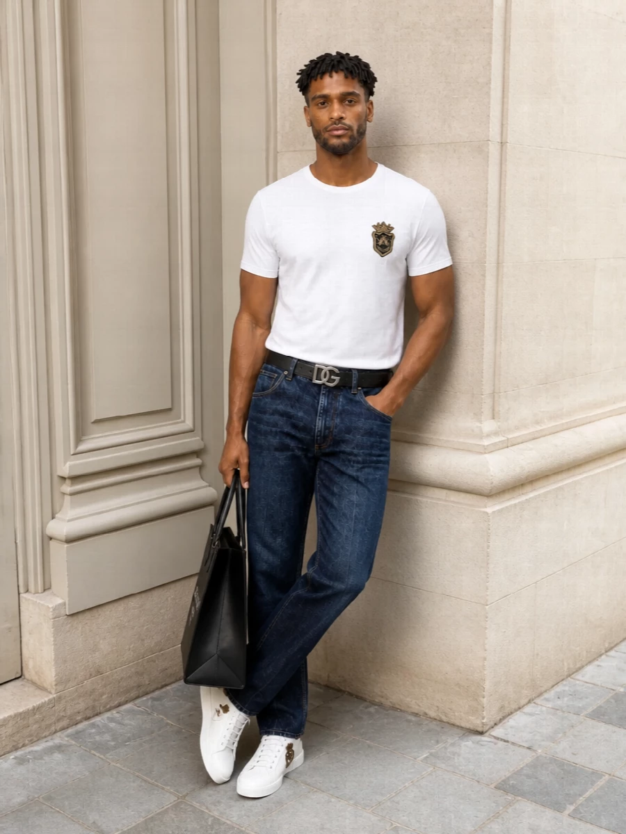 Dolce&Gabbana’s crest tee is grounded with deep indigo straight-leg denim for a clean, Italian take on casual dressing. Matching crest-detailed sneakers echo the tee’s gold-brown embroidery, while a structured black logo tote and sleek black belt add city polish without stealing focus. The result is relaxed, precise and unmistakably refined for daytime or informal dinners.