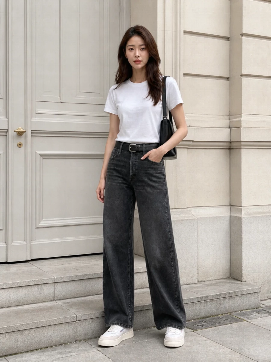 A soft white tee meets washed-charcoal wide-leg denim for a clean, relaxed take on city casual. Off white court sneakers keep the line easy and grounded, while a slim black belt and structured shoulder bag add just enough definition without disturbing the minimal palette. The result feels quietly confident and wearable from coffee runs to low-key dinners.