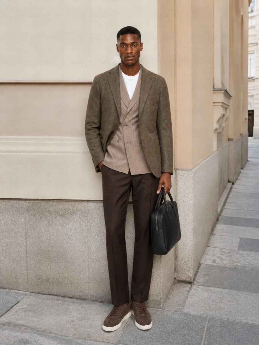 Boglioli brown blazer burberry trousers outfit